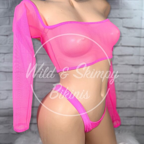 See-thru mesh top with matching thong in solid fabric two piece set - Picture 2 of 4